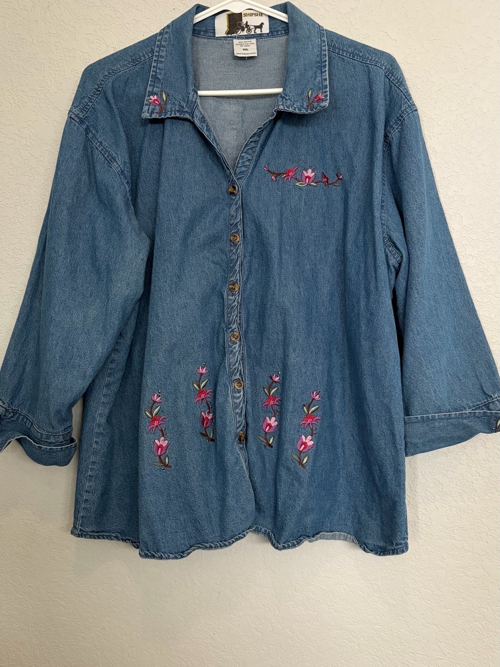 Embroidered Denim Button-Down Shirt - Blue with Pink Floral